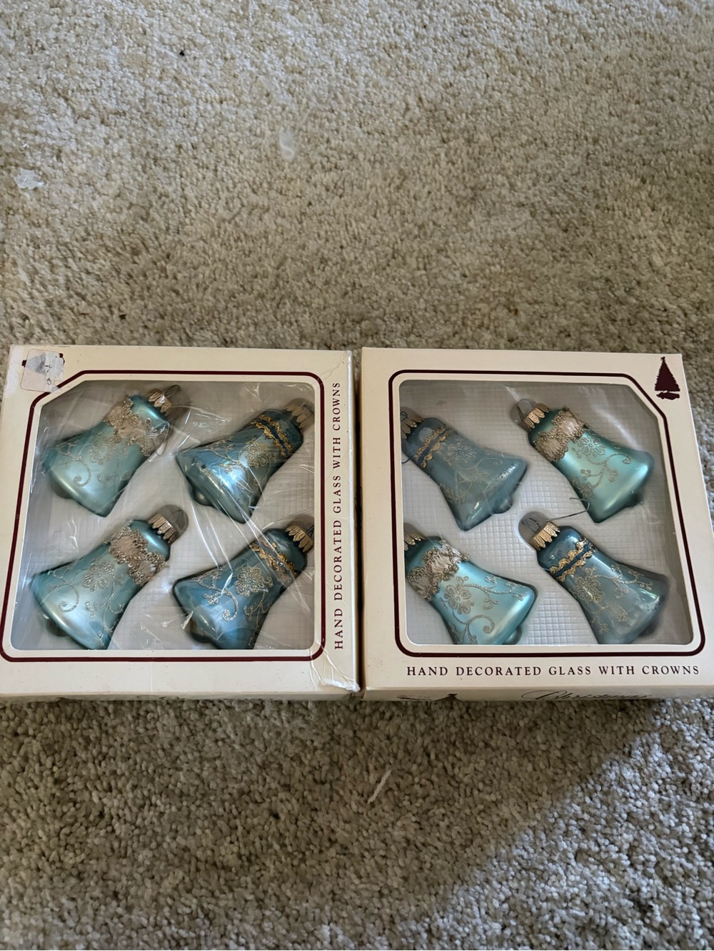 Antique Hand-Decorated Teal Glass Bell Ornaments - Set of 8